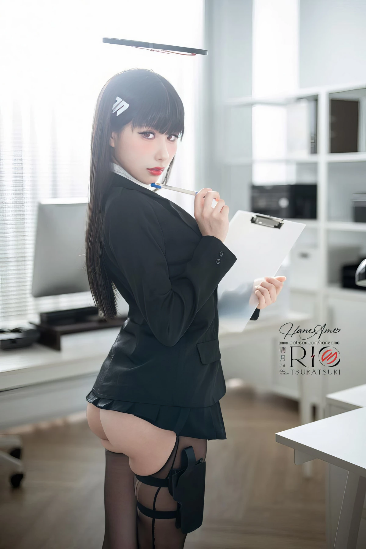 Xgyw.Org_Coser美女雨波_HaneAme蔚蓝档案主题黑色OL服饰露黑色蕾丝内衣配开档黑丝魅惑写真118P